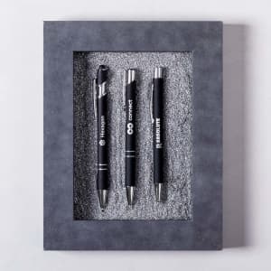 A grey display frame contains three black stylus touch ball pens with branding.