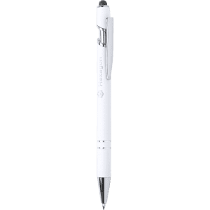 A white ballpoint pen with a stylus tip and a silver clip, featuring a branding logo.