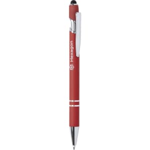 A red stylus touch ball pen with a silver clip and branding, designed for writing.