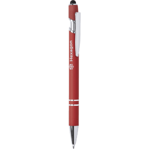 A red stylus touch ball pen with a silver clip and branding on the barrel.