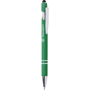 A green Lekor Stylus Touch Ball Pen with a chrome clip and accents, featuring a branding logo.