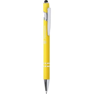 A yellow Lekor Stylus Touch Ball Pen featuring a sleek design and chrome accents. It has a branding logo on the side.