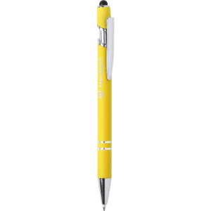 A yellow stylus touch ball pen with chrome accents and a logo on the side.