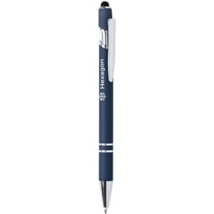 A navy blue stylus touch ball pen with a silver clip and branding.
