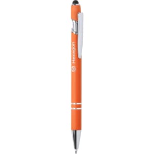 An orange pen with a stylus tip and chrome accents, featuring a brand logo.