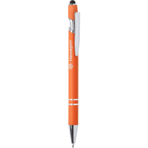 An orange Lekor Stylus Touch Ball Pen with a shiny silver clip and branding.