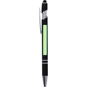 A black stylus touch ball pen with a green accent and a silver clip. It has a logo on the body.