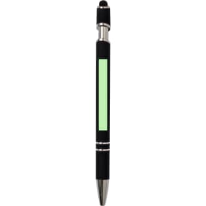 A black stylus touch ball pen with a reflective green section and a silver clip. It has a logo on it.