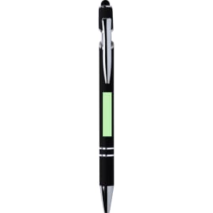 A black stylus touch ball pen with a green accent and a silver clip, featuring a branding logo.