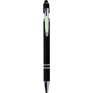A black stylus touch ball pen with a chrome tip and detailing, featuring a branding logo.