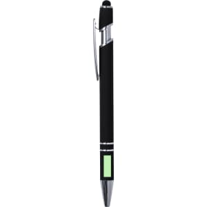A sleek black stylus touch ball pen with a silver clip and a green detailing. Features a logo.