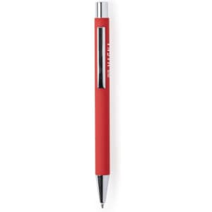 A red metal pen with a chrome clip and tip, featuring a logo on the body.