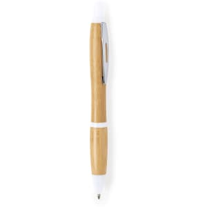 A wooden pen in a natural bamboo finish with white accents and a silver clip. It has a logo on the barrel.