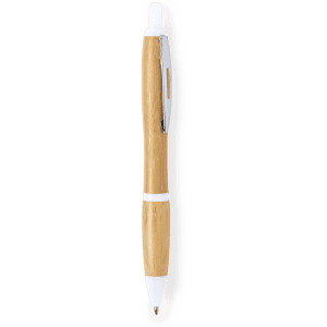 A wooden pen with a natural bamboo finish and white accents, featuring a clip and a brand logo.