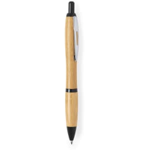 A wooden pen with a natural bamboo finish, featuring black accents and a chrome clip.