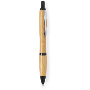 A wooden pen with a natural finish and black accents, featuring a clip and a branding logo.