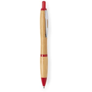 A wooden pen with a bamboo finish and red accents, featuring a silver clip.