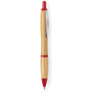 A wooden pen featuring a natural wooden barrel with red accents and a silver clip. It has a branding logo on it.