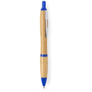 A wooden pen featuring a natural finish with blue accents and a silver clip, including a logo on the body.