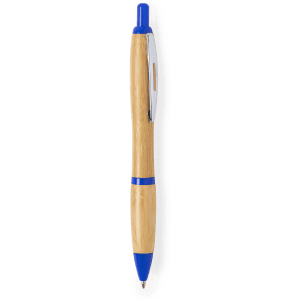 A wooden pen with a natural bamboo finish and blue accents, featuring a smooth clip and a logo.
