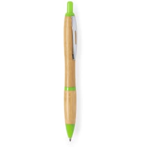 A wooden pen with a light brown barrel and vibrant green accents, featuring a chrome clip and a logo.