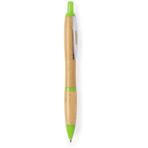 A wooden pen with a natural finish and vibrant green accents, featuring a clip and a branding logo.