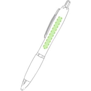 A wooden pen with a sleek design, featuring a clip and a green accent on the barrel, includes a logo.