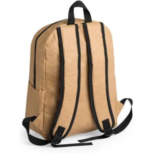 A tan backpack with black straps and accents, featuring a simple design and side pockets.