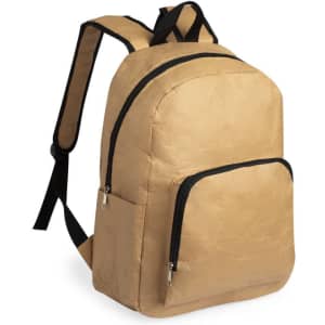 A tan backpack with black zippers and straps, featuring a front pocket and a simple design. It has a logo on it.