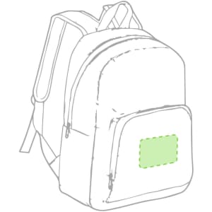 A grey backpack featuring a front pocket and a logo on the exterior. The design includes a stylish, modern shape.