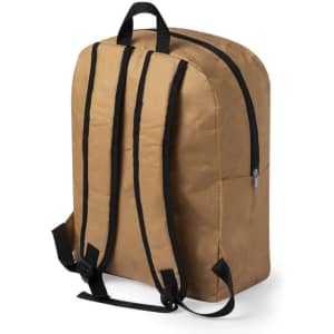 A tan paper backpack with black straps and a zippered compartment on the side. It has a clean, minimalist design.
