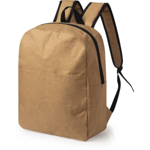 A tan paper backpack with black straps, featuring a front pocket and a simple design. It has a logo on it.