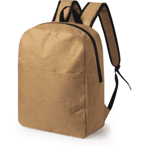 A brown paper backpack with black accents and adjustable straps, featuring a front pocket.