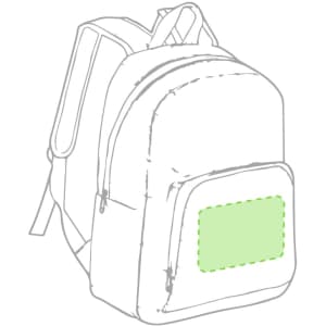 A green paper backpack with multiple compartments and a front pocket, featuring a logo.