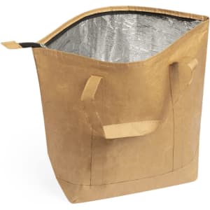 A brown thermal bag with a silver insulated interior and two handles, designed for keeping items cool.