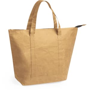 A tan thermal bag with sturdy handles and a front pocket, featuring a logo on one side.