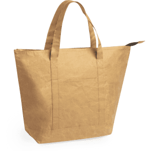 A tan cooler bag with sturdy handles and a zip closure, featuring a logo on the side.