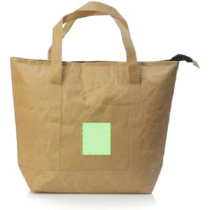 A tan thermal bag with two handles and a front pocket, featuring a logo. Ideal for keeping items cool.