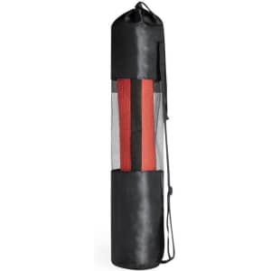 A cylindrical black and red bag with a mesh window, featuring a drawstring closure and a carrying strap.
