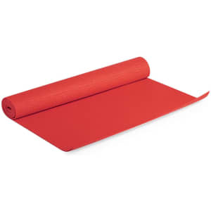 A rolled red mat with a textured surface, designed for outdoor and leisure activities. It features a logo.