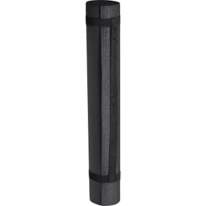 A rolled black exercise mat secured with straps, featuring a textured surface and a branding logo.