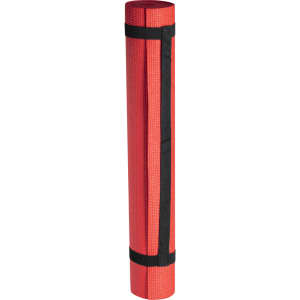 A rolled red mat secured with a black strap, designed for outdoor leisure use.