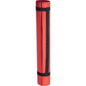 A rolled red outdoor mat with black straps, designed for leisure activities. It features a textured surface.
