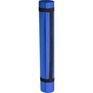 A blue mat rolled up and secured with a black strap, featuring a textured surface.