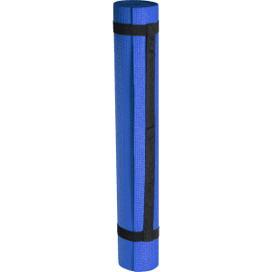A blue yoga mat rolled up with black straps for secure storage. Features a textured surface for grip.