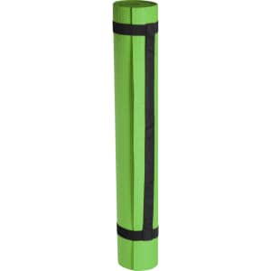 A rolled green mat secured with a black strap, designed for outdoor leisure activities.