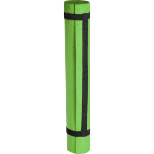 A rolled green mat secured with a black strap, designed for outdoor leisure activities.