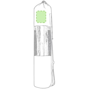 A cylindrical bag in grey and green with a shoulder strap, featuring a logo on its surface.