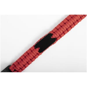A red multifunction arm strap with a black buckle. The strap features a woven design.