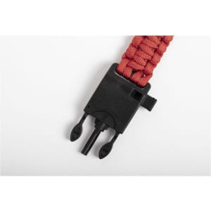 A red multifunction arm strap with a black attachment clip, featuring a woven design. It includes a logo.